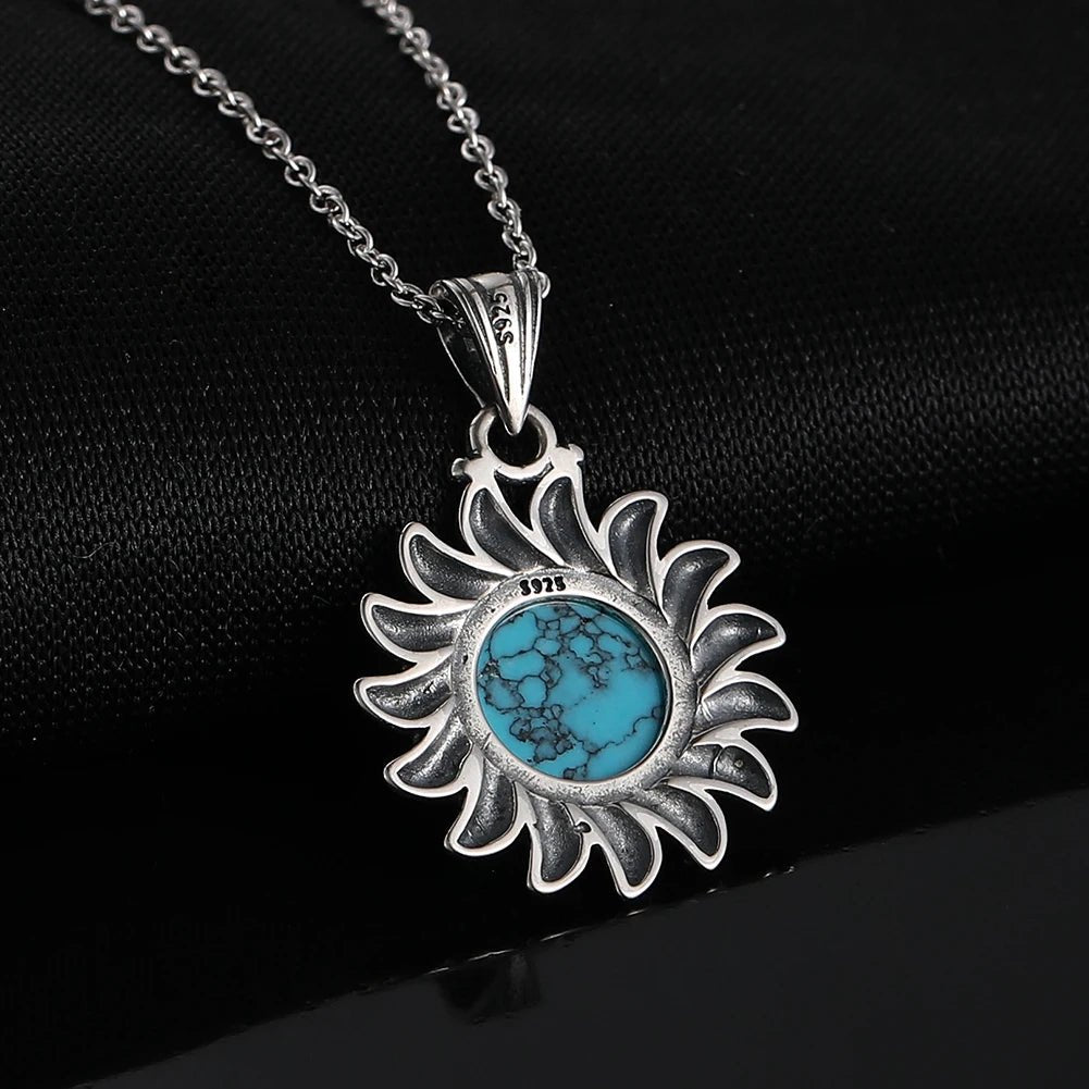 Natural Turquoise 925 Silver Pendant Necklace - Sun & Geometric Vintage Style - HalleBeauty